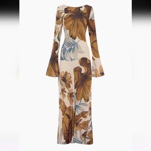 Floral Long Sleeve Maxi Dress in Cream and Brown